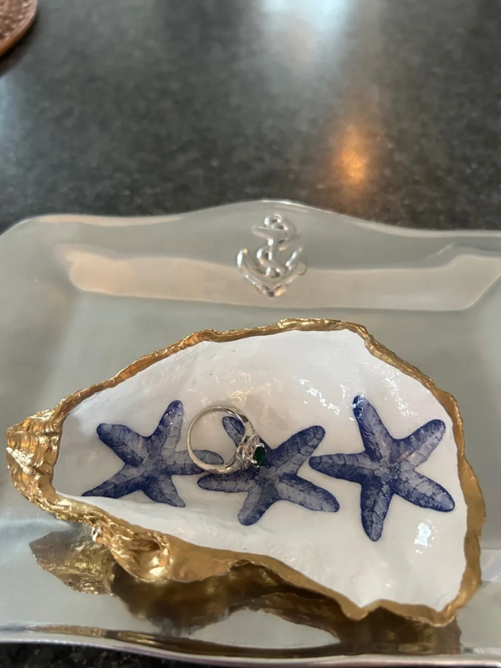Gold-Trim Shell Dish with Blue Starfish Motif - Picture 2 of 4